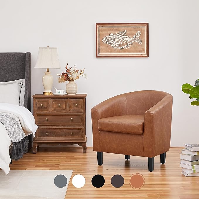 Yaheetech Leather Accent Chair, Faux Leather Armchair, Modern Barrel Club Chair with Soft Seat for Living Room Bedroom Reading Waiting Room, Brown