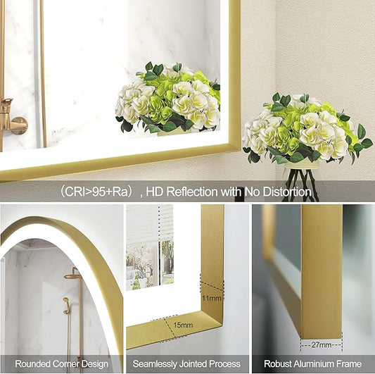 S'bagno 24x36 Arched Gold LED Mirror for Bathroom with Frontlit & Backlit, LED Bathroom Mirror with Metal Frame, Anti-Fog, Stepless Dimmable, 3 Color Temperature Vanity Mirror