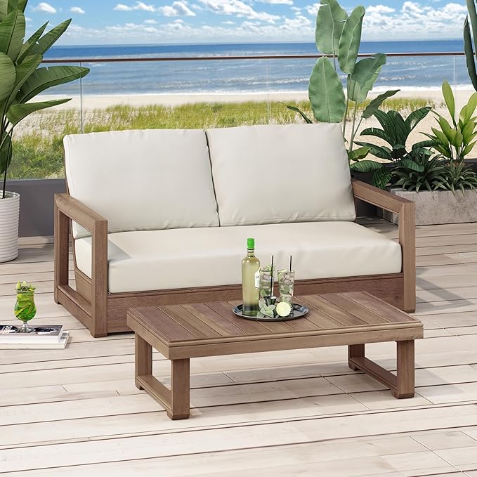 Christopher Knight Home Rammus 2 Pieces Outdoor Conversation Set, Acacia Wood Chat Set, Rectangular Coffee Table and Patio Loveseat Sofa, Slat Design Patio Furniture Set for Garden, Beige + Brown