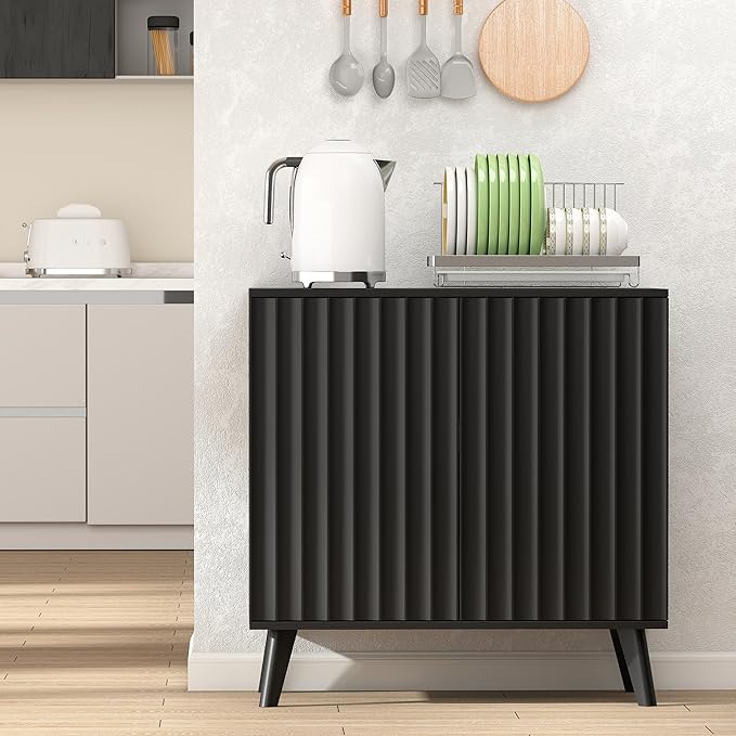 Fluted Sideboard Buffet Cabinet with 2 Doors, Modern Storage Cabinet with Adjustable Shelves, Wood Console Table for Kitchen Dining Living Room Entryway (Black)
