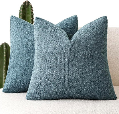 Foindtower Pack of 2 Textured Boucle Throw Pillow Covers Accent Solid Decorative Pillow Cases Cozy Woven Couch Cushion Case for Sofa Bedroom Living Room Home Decor 20x20 Inch Misty Blue