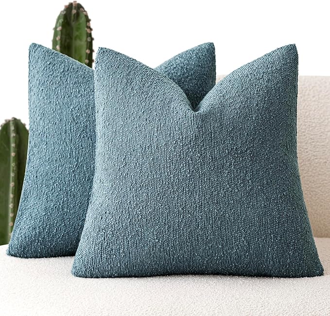 Foindtower Set of 2, Decorative Textured Boucle Throw Pillow Covers Accent Solid Pillow Cases Neutral Cozy Couch Cushion Case for Chair Sofa Bedroom Living Room Home Decor 26x26 Inch Misty Blue