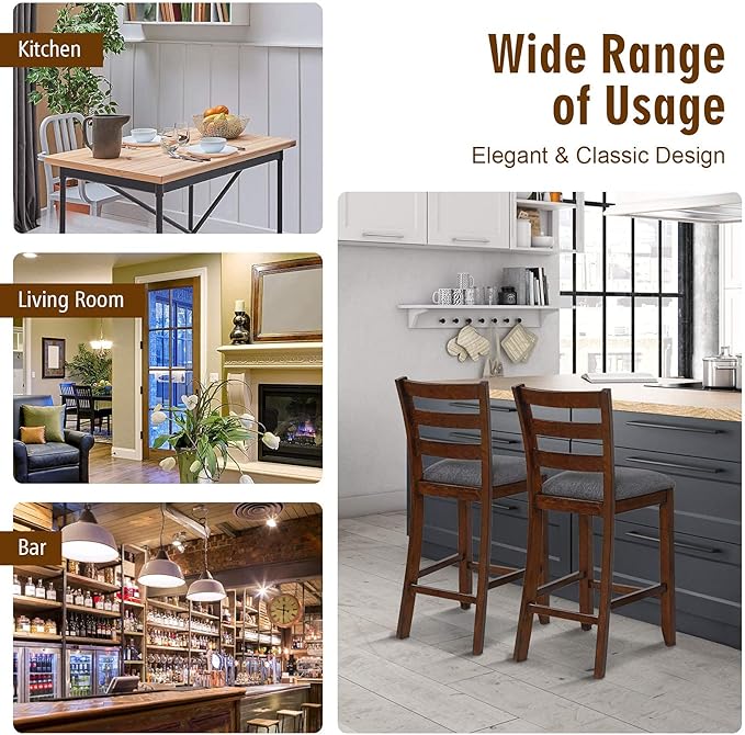 COSTWAY Set of 4 Counter Height Bar Stool, 25.5-Inch Upholstered Bar Stools with Solid Rubber Wood Frame, Foam-Padded Cushion, Footrest, Kitchen Chair for Bistro, Living Room, Grey and Brown