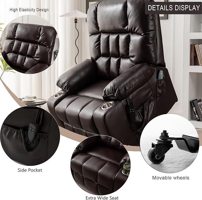 Large Power Lift Recliner Chair with Massage and Heat for Elderly,Overstuffed Wide Recliners,Breathable Leather with 2 Cup Holders,Dual OKIN Motor,Recline up to 180 Degrees