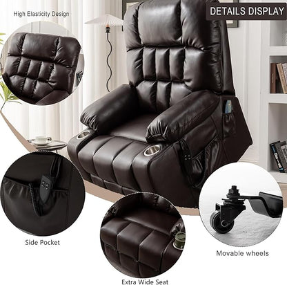 Large Power Lift Recliner Chair with Massage and Heat for Elderly,Overstuffed Wide Recliners,Breathable Leather with 2 Cup Holders,Dual OKIN Motor,Recline up to 180 Degrees