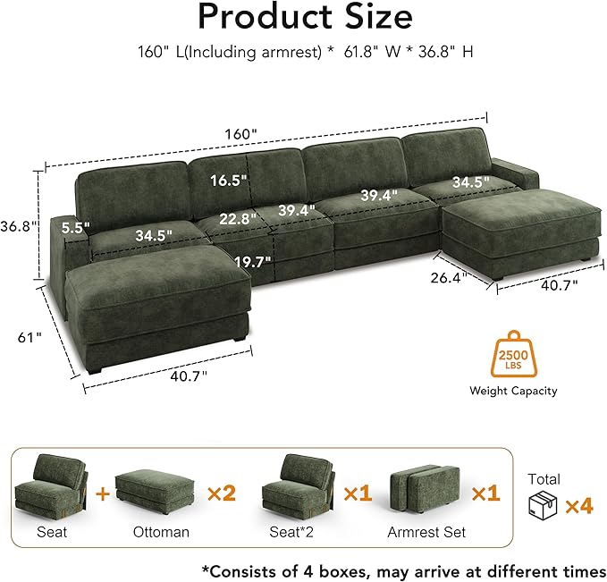 Sunny Heart 160" U-Shaped Modular Sectional Sofa, Oversized Cloud Couch with Movable Ottoman, 6-Seat Chenille Deep Seat Sofa with Pillow, Sectional Couches for Living Room, Apartment, Green