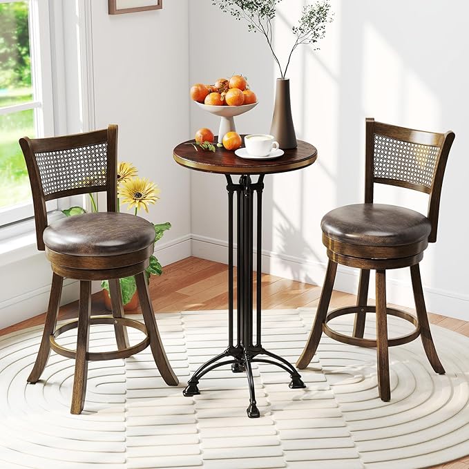 COSTWAY 25” Swivel Counter Height Barstools Set of 4, Rubber Wood Bar Stools with Rattan Backrest, Footrest, Upholstered Leathaire Armless Chairs for Kitchen Island, Pub, Brown (4, 25” Seat Height)