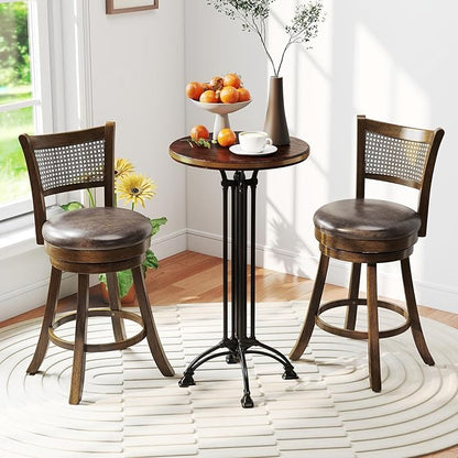 COSTWAY 25” Swivel Counter Height Barstools Set of 2, Rubber Wood Bar Stools with Rattan Backrest, Footrest, Upholstered Leathaire Armless Chairs for Kitchen Island, Pub, Brown (2, 25” Seat Height)