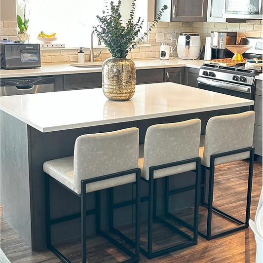 PHI VILLA Leather Bar Stools Set of 3, Modern Counter Height Bar Stool Kitchen Counter Chairs, 24 Inch Barstools with Back