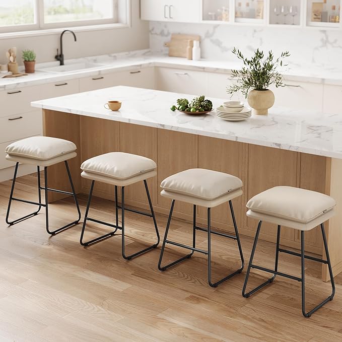 VASAGLE Bar Stools Set of 4, Counter Height Bar Stools, Leather Counter Stools Barstools with Soft Cushion and Metal Sled Legs, 25.6 Inches Bar Height Bar Chairs for Kitchen Island, Cappuccino Beige