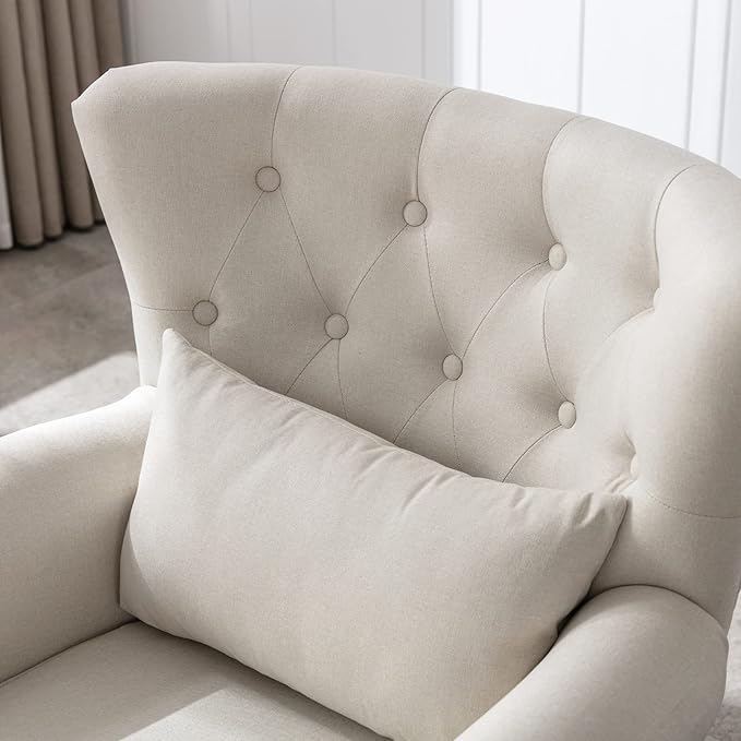 Mid Century Modern Accent Chair Upholstered Armchair Comfy Linen Fabric Tufted Wingback Single Sofa with Ottoman for Bedroom Living Room, Beige