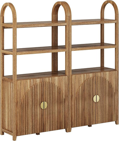 BELLEZE Book Shelf 72" Tall Arched Bookcase with Storage, 5 Tier Mid Century Modern Fluted Bookshelf with Doors, Modular Bookshelves for Living Room Office Library, Set of 2 (Caramel Brown)