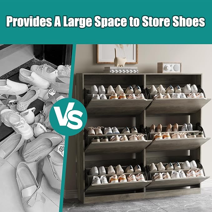 Shoe Storage Cabinet for Entryway with 6 Flip Drawers, Sturdy Wood Hidden Shoe Storage, Freestanding Narrow Slim Shoe Organizer for Front Door Entrance, Living Room, Hallway, Bedroom, Grey