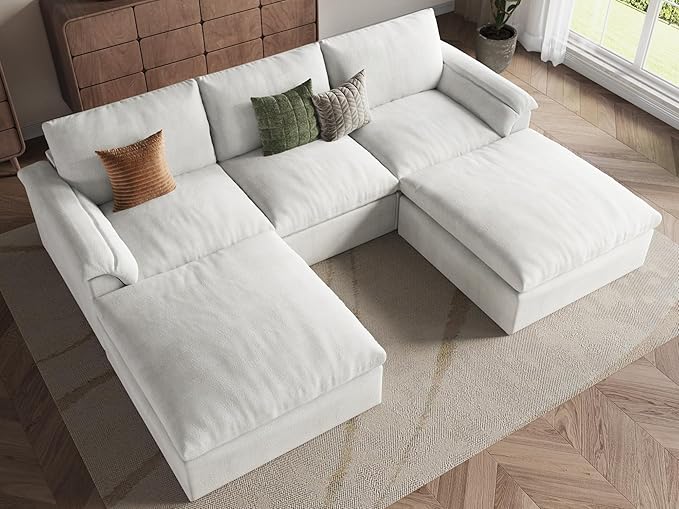 EASE MOOSE Oversized Cloud Couch Sectional Sofa, U-Shaped Modular Couch for Living Room, Minimalist Boneless Convertible Couches with Ottoman, 5-Seat Deep Sofas for Bedroom, Chenille (White)