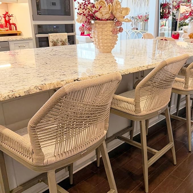 PURPLE LEAF 2 Pieces Counter Height Bar Stools Patio Boho Rattan Barstools Aluminum Woven Bar Chairs with Cushions for Outdoor Kitchen Island Garden