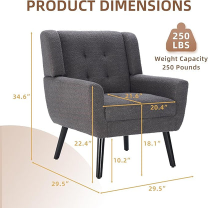 Dolonm Midcentury Modern Teddy Accent Chair with Arms, Upholstered Reading Side Chair Tufted Back Decorative Wingback Chair for Living Room Bedroom (Grey)