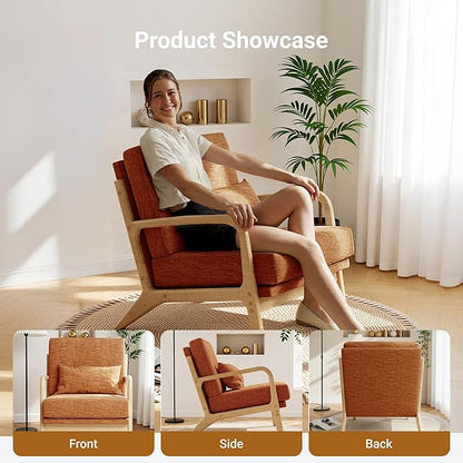 Claiks Mid-Century Modern Accent Chair, Living Room Armchair with Solid Wood Frame & Lumbar Pillow, Comfy Upholstered Lounge Chair for Bedroom, Office, Linen-Like Fabric, Orange