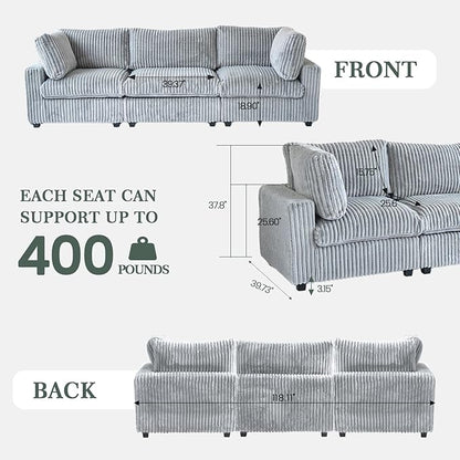 Modular Sectional Sofa, 118.11" Oversized Cloud Sectional Couch,3 Seat Comfy Modern Sectional Couches for Living Room,Plush Sofa Cushion Covers Removable,Gray