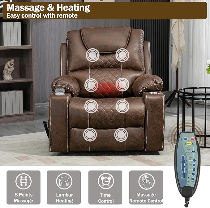 Dual Motor Power Lift Recliner Chair Sofa with Massage and Heating for Big Elderly Adults People, Lay Flat Lift Chair, Infinite Position, 2 Cup Holders, 2 Side Pockets, Lumbar Pillow