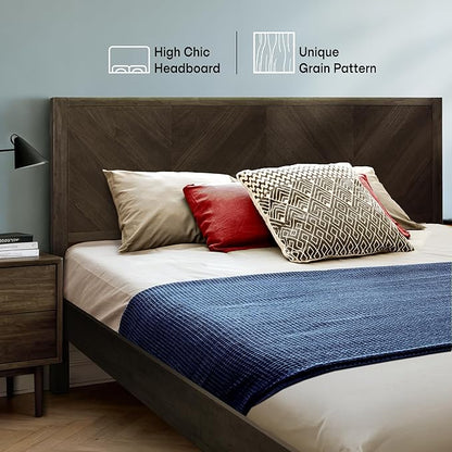 Acacia Alander Bed Frame Queen Size with High Headboard Solid Wood Platform Bed, Tall Headboard Natural Wood Bed Compatible with All Mattresses, Quick & Easy Assembly, No Box Spring Needed, Mocha