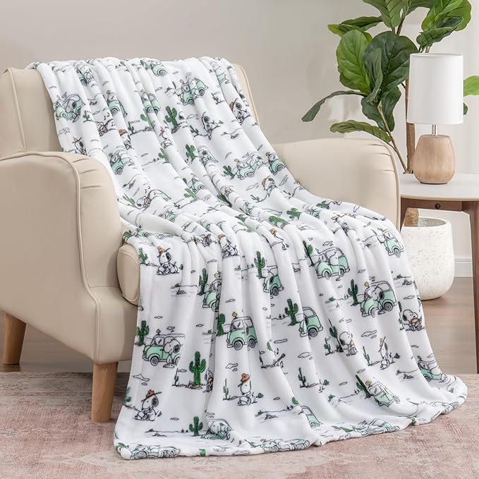 Berkshire Blanket Peanuts® VelvetLoft® Cute Character Snoopy Plush Throw Blanket,Snoopy Desert Travel White,Throw 55 in x 70 in (Official Peanuts® Product)