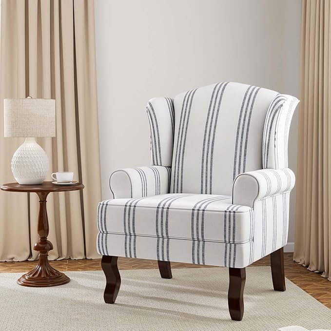 Accent Chair Set of 2, High Back Upholstered Armchair with High Resilience Sponge & Wood Legs, Mid-Century Modern Comfy Single Sofa Reading Chairs for Living Room, Bedroom-Stripe Navy