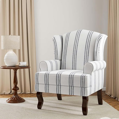 Accent Chair Set of 2, High Back Upholstered Armchair with High Resilience Sponge & Wood Legs, Mid-Century Modern Comfy Single Sofa Reading Chairs for Living Room, Bedroom-Stripe Navy