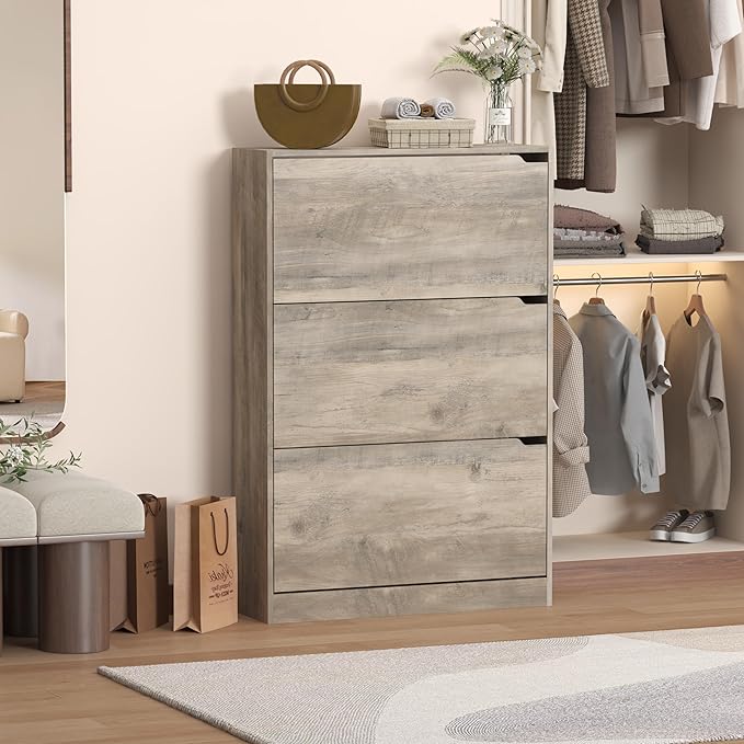 Shoe Storage Cabinet with 3 Flip Drawers, Slim Hidden Wood Shoe Cabinet Storage for Entryway, Freestanding Narrow Shoe Rack Organizer with Adjustable Shelves for Foyer, Hallway, Grey
