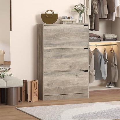 Shoe Storage Cabinet with 3 Flip Drawers, Slim Hidden Wood Shoe Cabinet Storage for Entryway, Freestanding Narrow Shoe Rack Organizer with Adjustable Shelves for Foyer, Hallway, Grey
