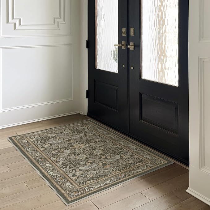 RUGGABLE x Morris & Co Washable Area Rug– Strawberry Thief Stone Gold 3x5, Stain-Resistant, Non-Slip–Small Machine Washable Rugs for Living Room, Bedroom, Hallway, Entryway & Office–with Standard Pad