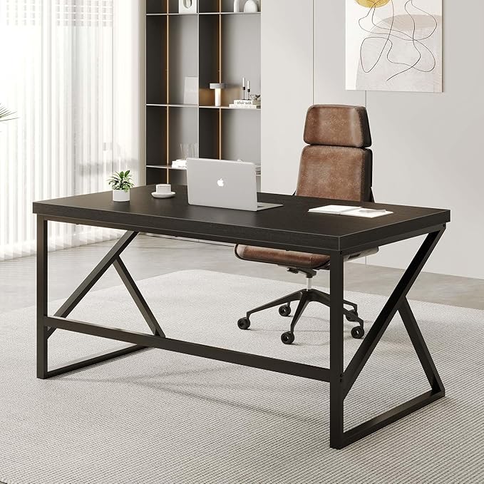 HSH Black Desk, Modern Industrial Home Office Computer Desk, Laptop PC Desk for Student Work Writing Study Gaming, Simple Metal and Wooden Computer Table in Bedroom Living Room Workstation, 55 Inch