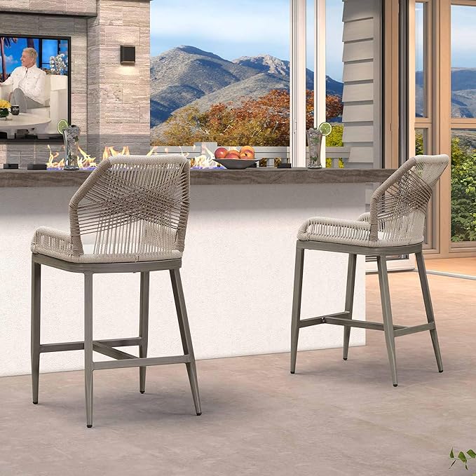 PURPLE LEAF 2 Pieces Counter Height Bar Stools Patio Boho Rattan Barstools Aluminum Woven Bar Chairs with Cushions for Outdoor Kitchen Island Garden