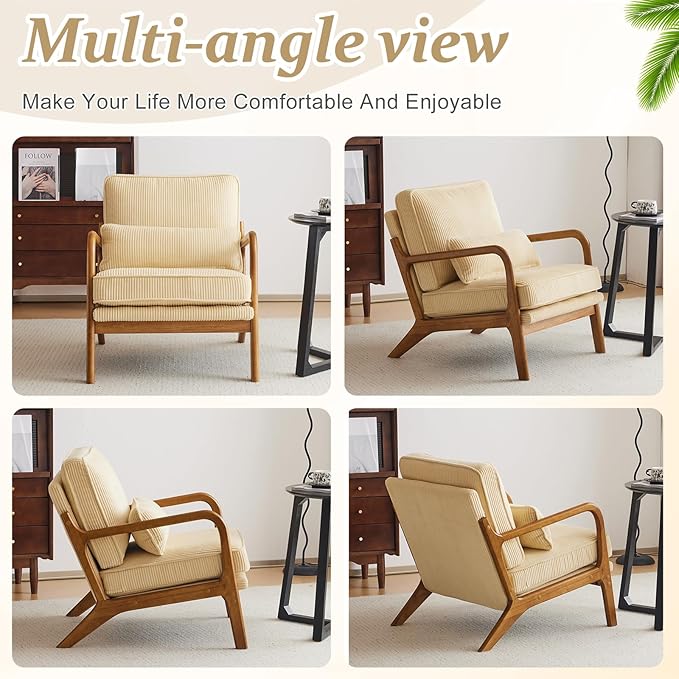 VINGLI Upgraded Premium Corduroy Accent Chair,Upholstered Arm Chair,Solid Wood Comfy Reading Chair with Lumbar Pillow, Mid Century Modern Chairs for Living Room,Bedroom,Guest Room,Dark Beige