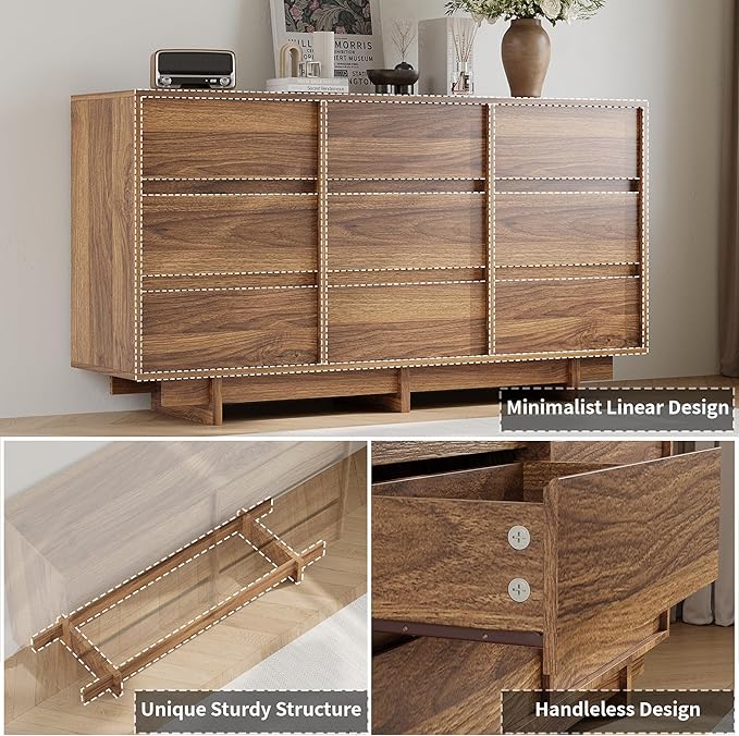 Walnut Dresser for Bedroom, 59" Wide 9 Drawer Dresser, Mid Century Modern Dressers Chest of Drawers, Wooden Large Dressers for Bedroom, Closet