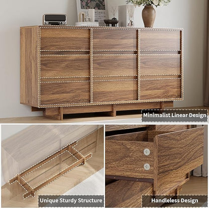 Walnut Dresser for Bedroom, 59" Wide 9 Drawer Dresser, Mid Century Modern Dressers Chest of Drawers, Wooden Large Dressers for Bedroom, Closet
