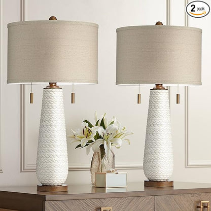 Possini Euro Design Kingston Mid Century Modern Table Lamps 32 3/4" Tall Set of 2 White Textured Ceramic Taupe Drum Shade Decor for Bedroom Living Family Room Bedside Nightstand House Home Office