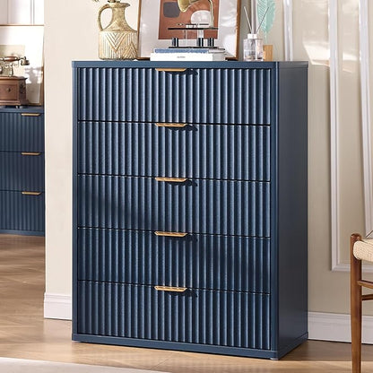 LEYAOYAO Fluted 5 Drawers Dresser for Bedroom Set of 2, 41" Tall Modern Chest of Drawers with Metal Handle, Curved Profile Design,Blue Wood Drawer Organizer for Bedroom, Living Room, Hallway