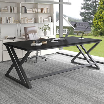 LVB 70.8" Black Computer Desk, Large Industrial Pc Study Home Office Desk, Long Modern Wood Gaming Work Writing Desk for 2 Person, Farmhouse Double Workstation Executive Desk with Storage in Bedroom