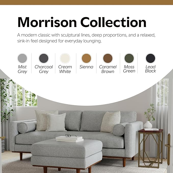 SIMPLIHOME Morrison Mid-Century Modern 89 inch Wide Sofa with Ottoman Set in Mist Grey Woven-Blend Fabric for the Living Room and Family Room