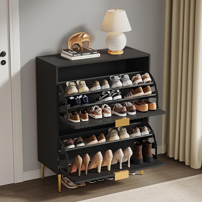 SICOTAS Fluted Shoe Cabinet Storage for Entryway with 2 Flip Drawers-11.8" Deep Freestanding Shoe Organizer Cabinet with 6-Tier Shelves, Large 20 Pairs Shoes Rack Cabinet for Foyer Hallway, Black