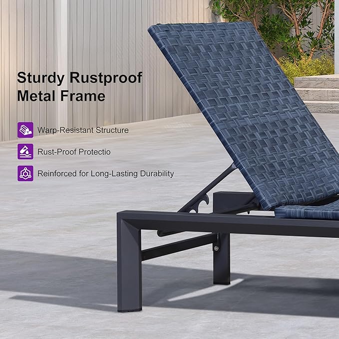 PURPLE LEAF Patio Chaise Lounge Rattan Chair Set of 2 Outdoor Pool Adjustable Recliner Wicker Chairs for Outside Woven Furniture Tanning Poolside Lounger Navy Blue