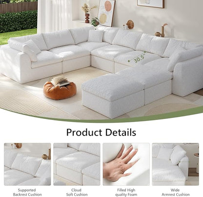 Boneless Cloud Couch Modular Sectional Sofa with Deep Seat for Living Room, L Shape Couch with Ottoman, Snowflake Cloth and 40D Memory Sponge，2 Throw Pillows (White, 6 Seater+2 Ottoman)