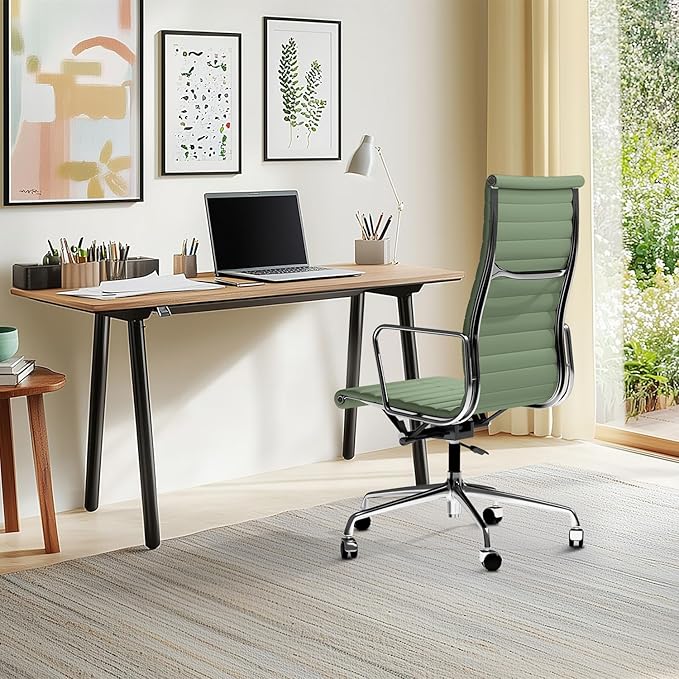 Ribbed Office Chair with Top Grain Leather - High Back Ergonomic Desk Chair with Aluminum Arm Rest and 5-Star Base, Swivel Chairs Light Green