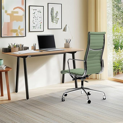 Ribbed Office Chair with Top Grain Leather - High Back Ergonomic Desk Chair with Aluminum Arm Rest and 5-Star Base, Swivel Chairs Light Green