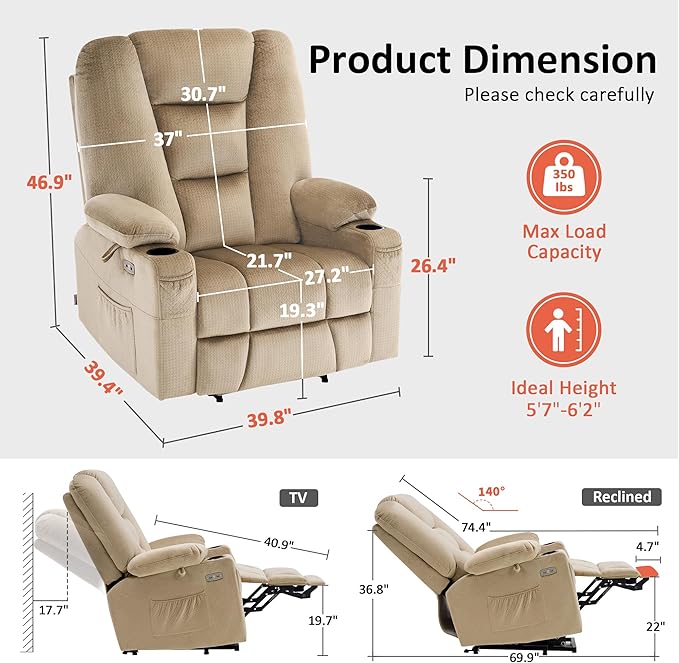 MCombo Oversized Power Lift Recliner Chair with Massage and Heat for Big and Tall Elderly People, Cup Holders, USB Ports, Side Pockets, Fabric R7541 (Beige, Large-Oversize)
