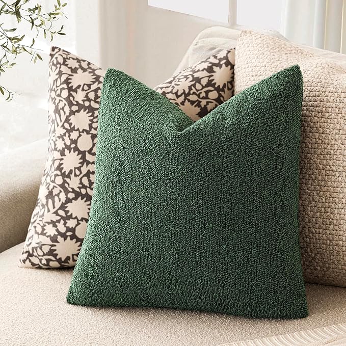 Foindtower Pack of 2 Textured Boucle Throw Pillow Covers Accent Solid Pillow Cases Cozy Soft Decorative Couch Cushion Case for Chair Sofa Bedroom Living Room Home Decor 18x18 Inch Pine Green