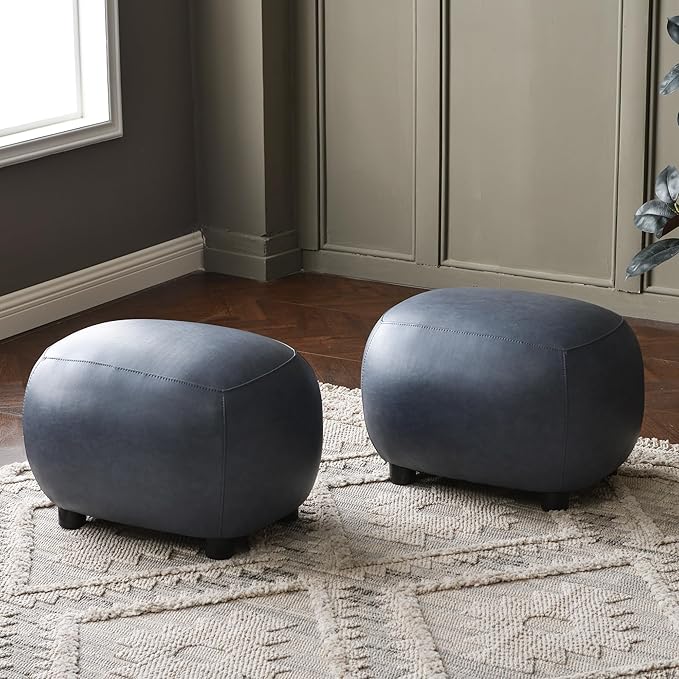 KINWELL 23" Wide Faux Leather Upholstered Ottoman Set of 2, Mid-Century Modern Living Room Footrest with Soft Padded Seat, Footstool for Bedroom, Entryway or Living Room, Navy