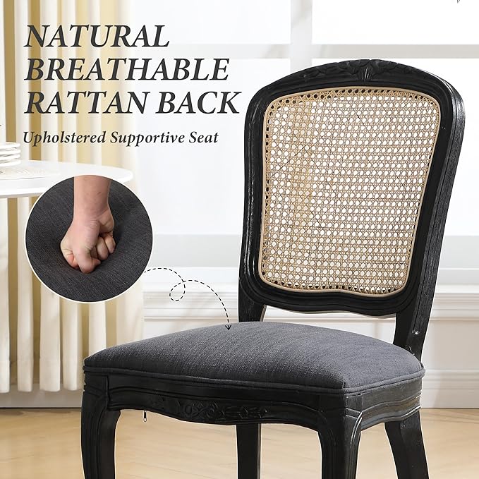 Wicker Dining Chairs Set of 2, Upholstered Linen Fabric Dining Room Chairs with Square High Rattan Back Farmhouse French Kitchen Chairs for Dining Table/Living Room/Restaurant, Black