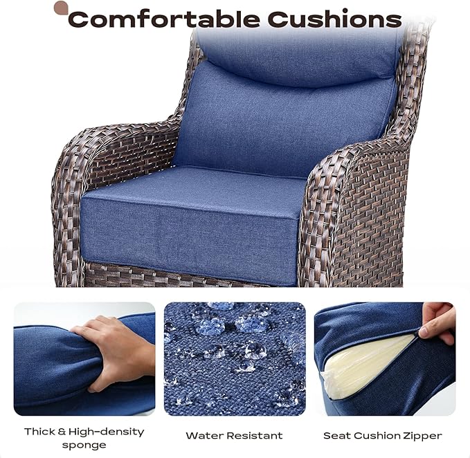 Rilyson 4 Piece Outdoor Patio Swivel Rocker Chairs, Waterproof Wicker, High Back, Deep Seating, Wide Armrest, Upgraded 6 inch Thick Cushions, Ideal for Deck Porch Backyard, Brown/Blue