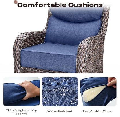 Rilyson Wicker Outdoor Patio Furniture Set - 5 Piece Patio Conversation Sets with Swivel Rocker Chairs, Ottomans and Side Table, 6 inch Cushions, Waterproof Wicker, for Porch Deck Brown/Blue